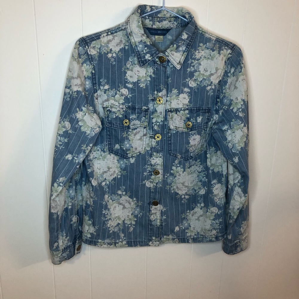 April Cornell Blue Floral Pinstripe Denim Shirt XXS